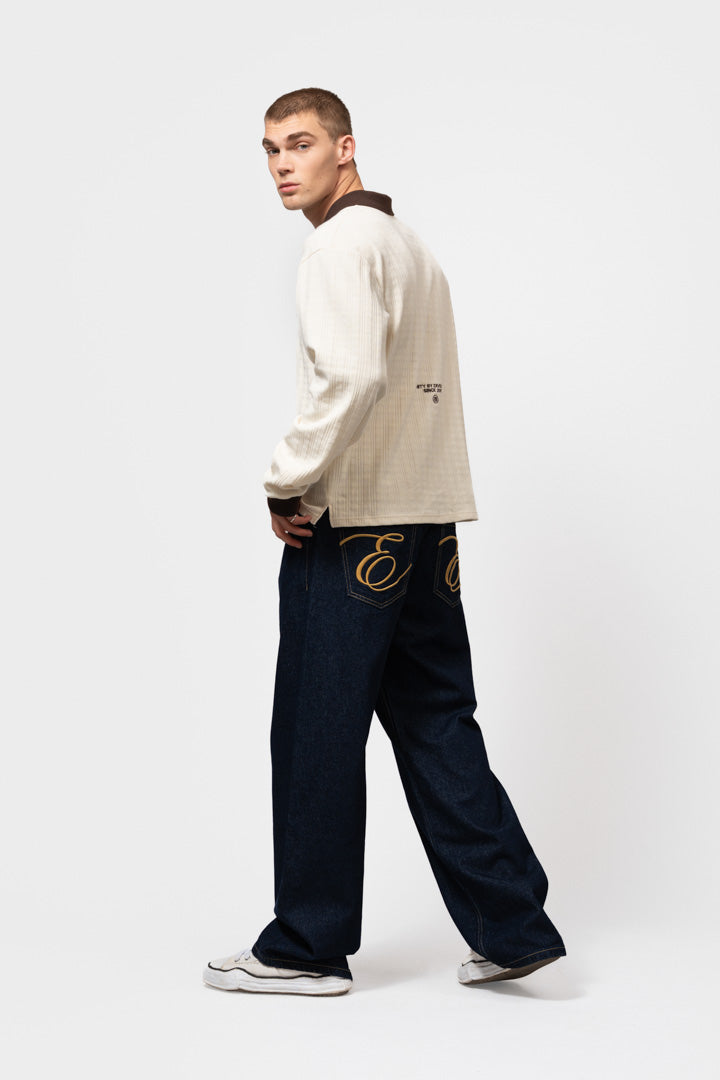 ASH KNIT LONGSLEEVE POLO | OFF-WHITE & BROWN