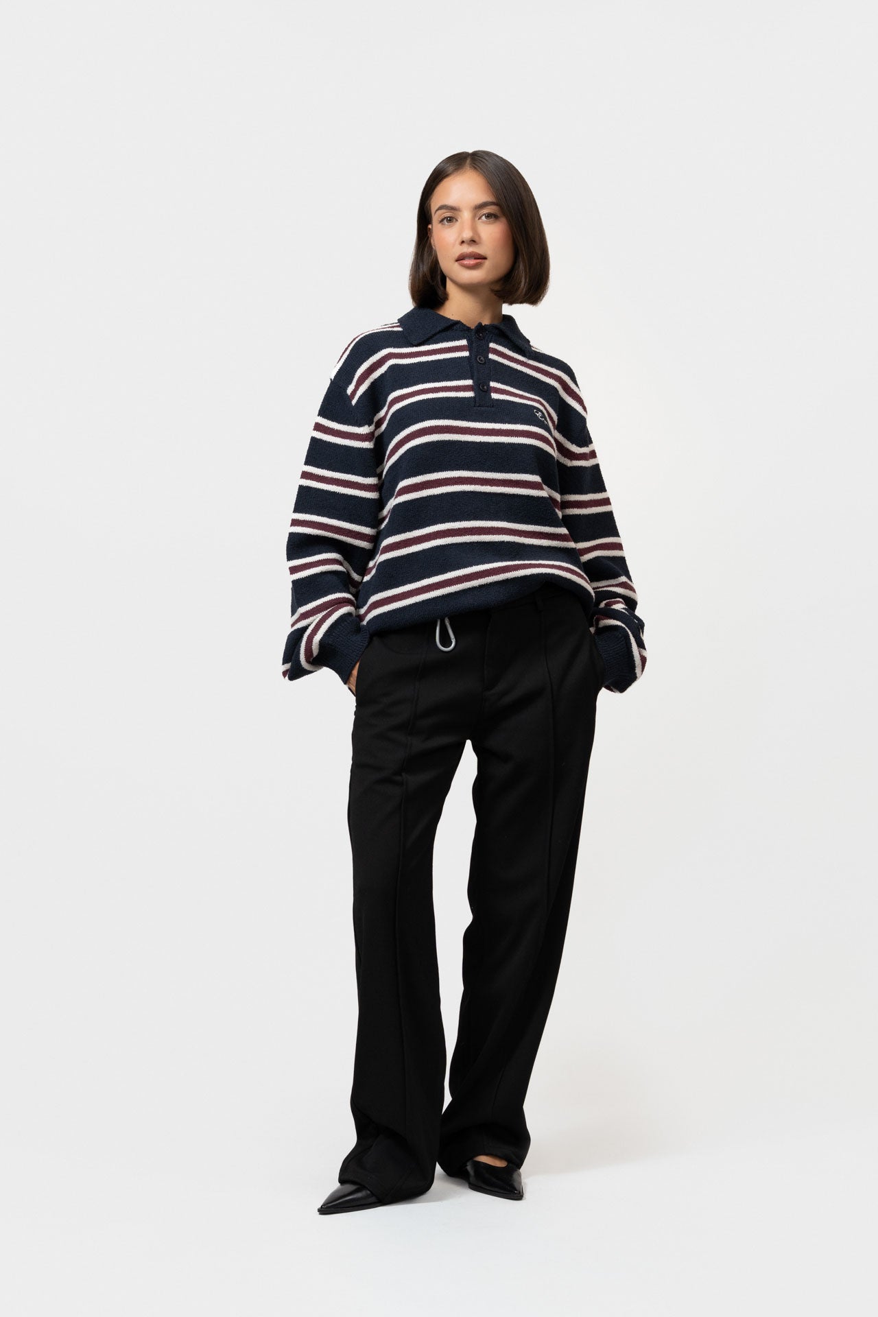 FINN KNIT POLO | Striped Navy/Aubergine/White
