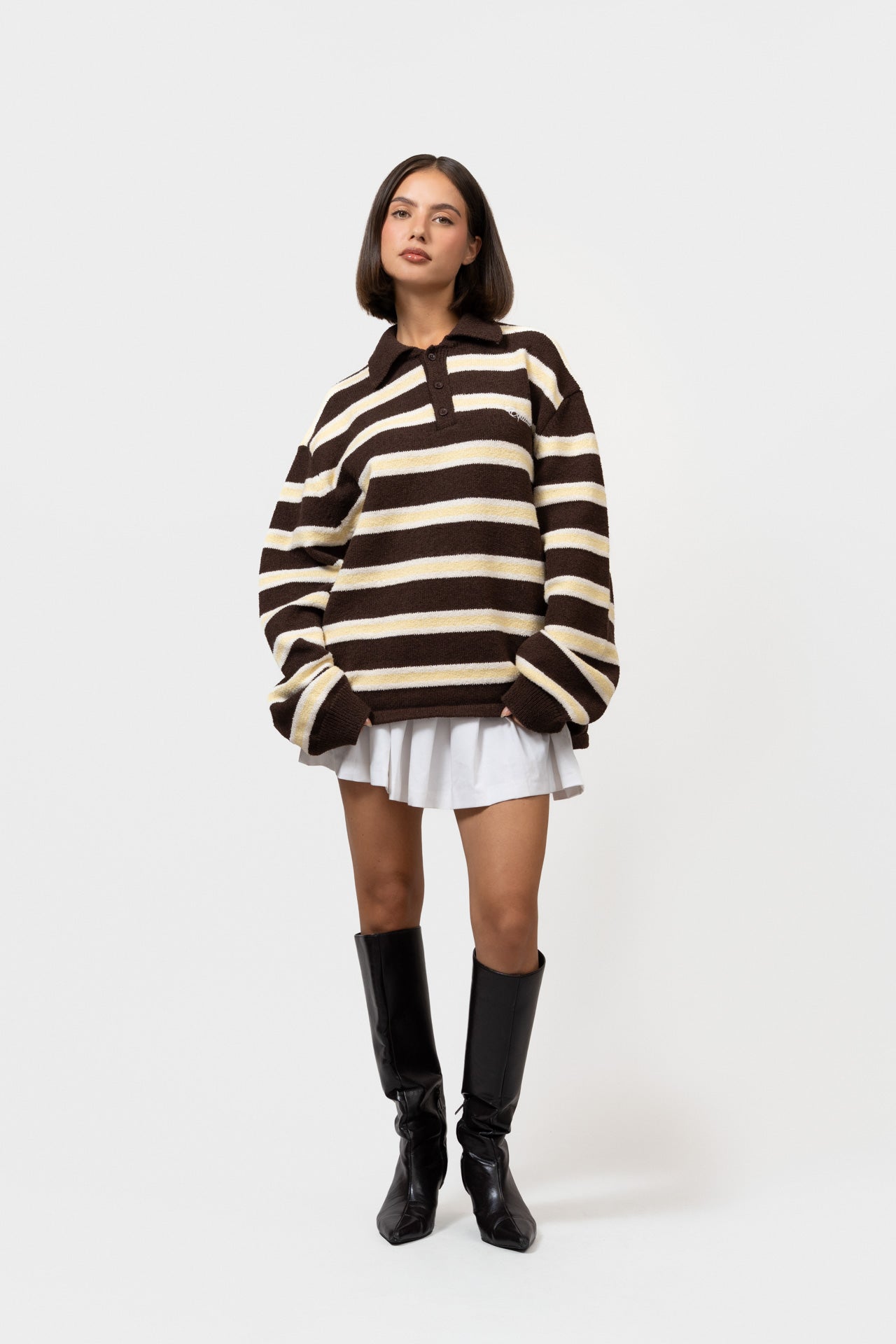 FINN STRICKPOLO | GESTREIFT BRAUN/GELB/WEISS