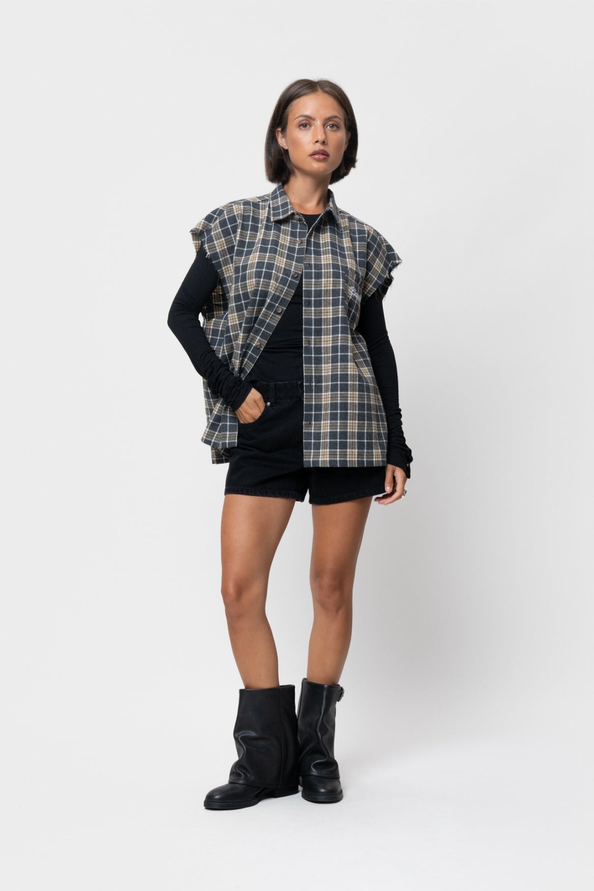 FLANNEL TANK SHIRT | ARMY & TAUPE