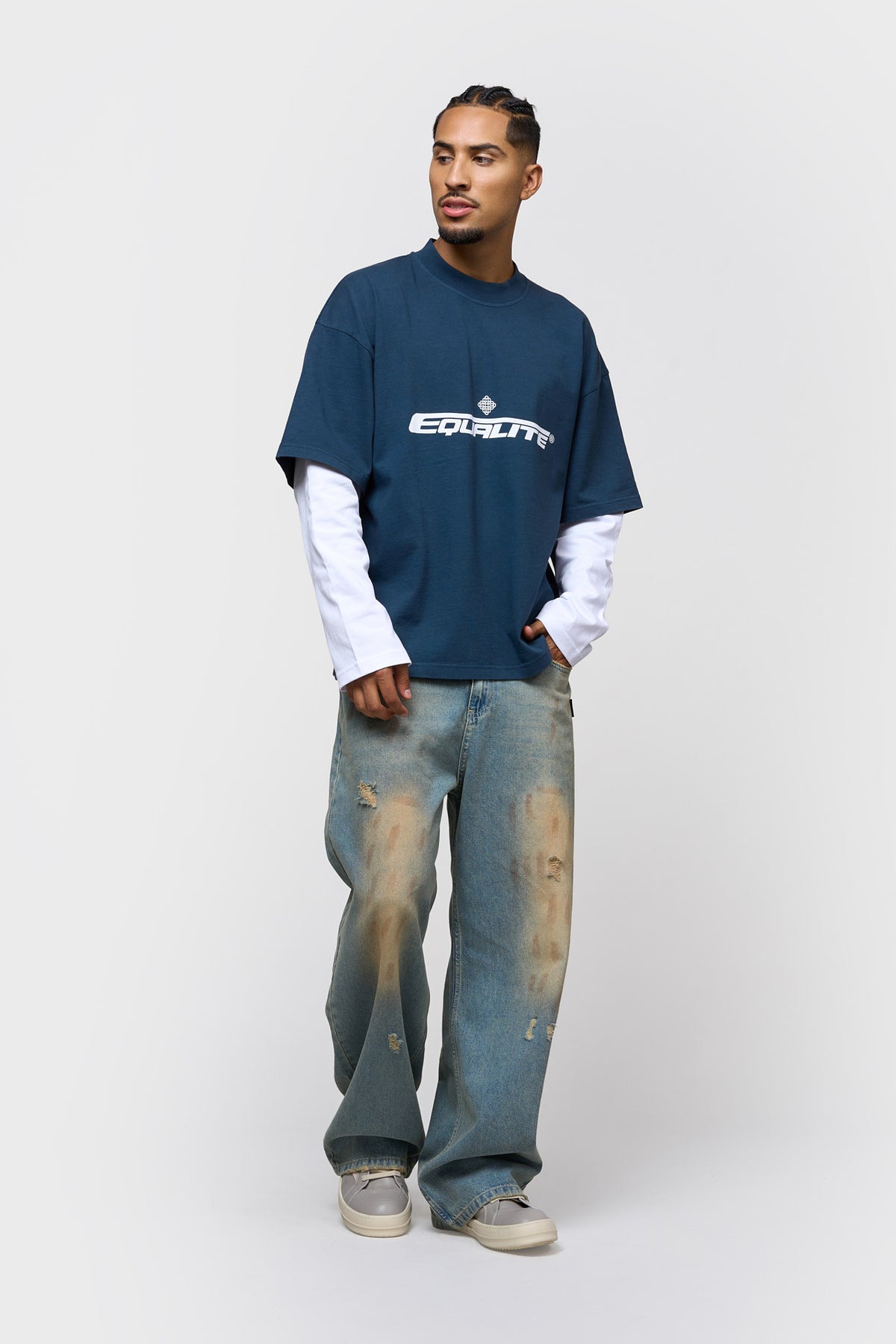ENZO DOUBLE LAYER LONGSLEEVE TEE | WASHED NAVY & WHITE