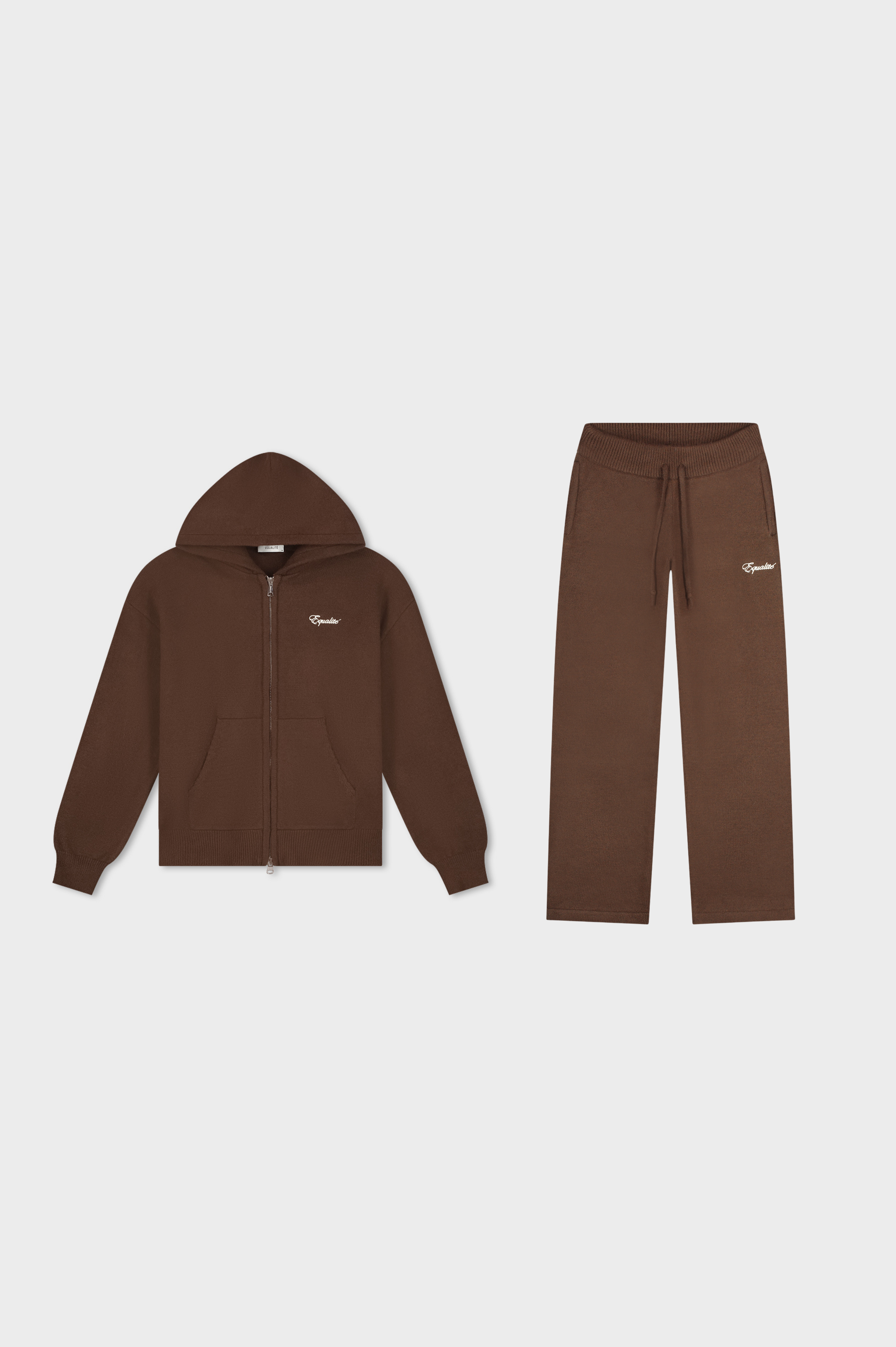 Fluffy Knit Full Zip Set | Brown