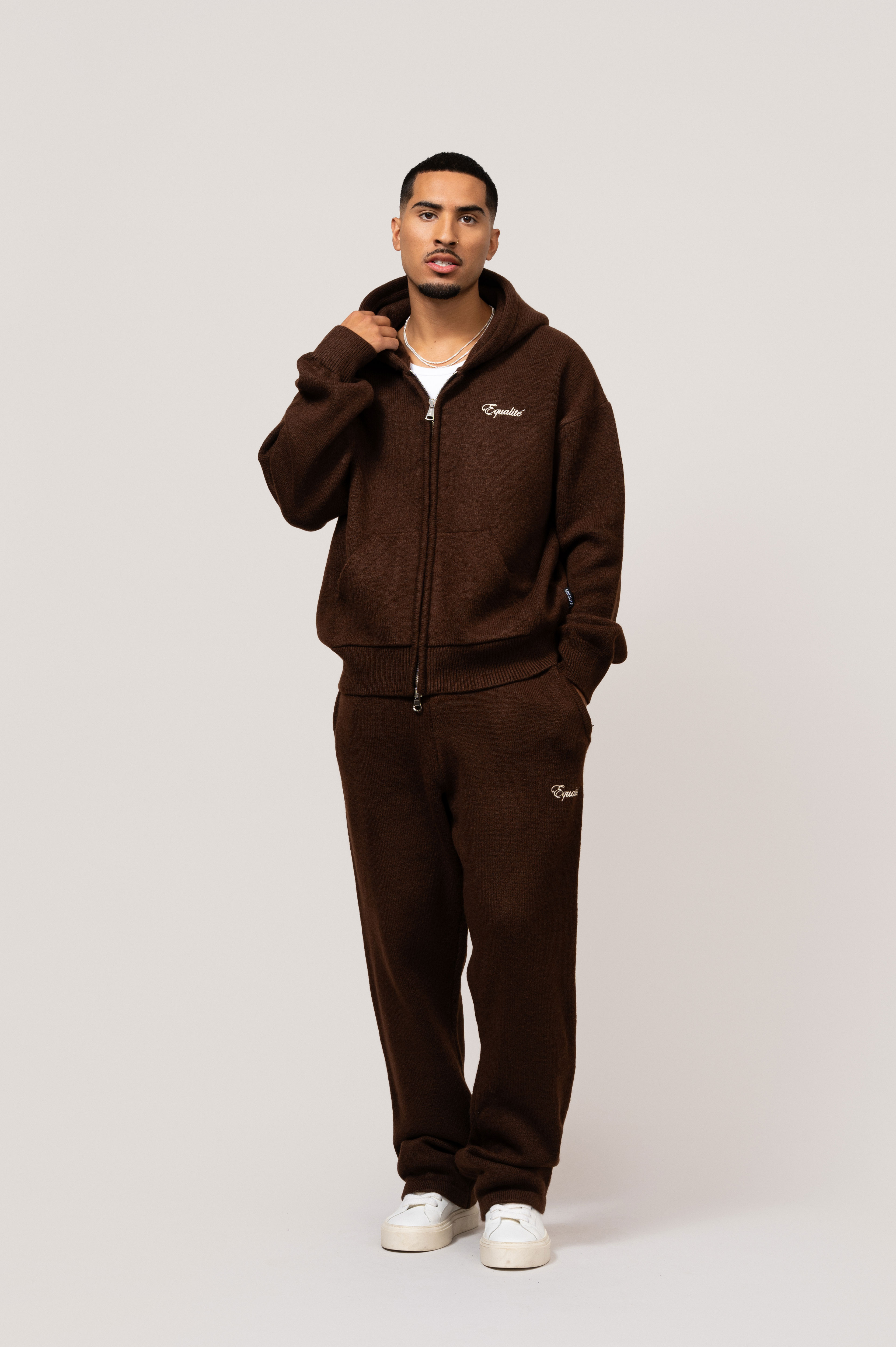 Fluffy Knit Full Zip Set | Brown