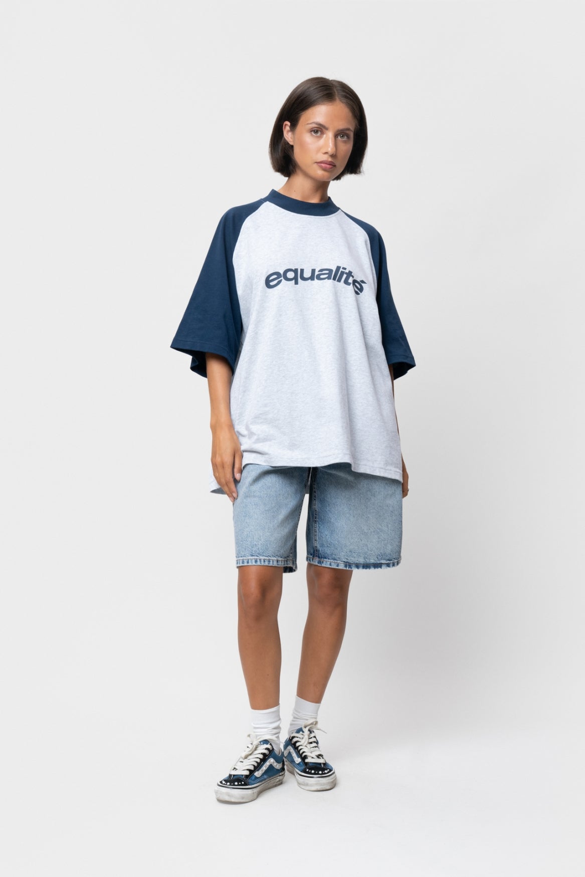 CELESTE RAGLAN BOXY TEE | MELANGE GREY & NAVY