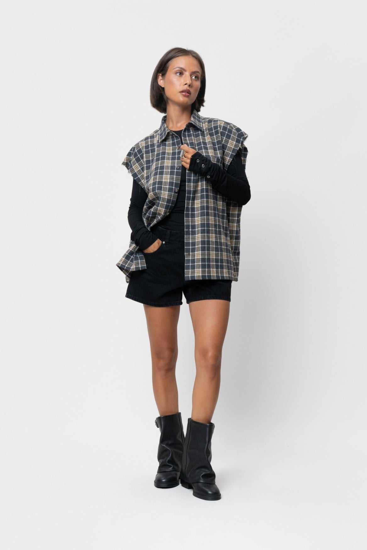 FLANNEL TANK SHIRT | ARMY & TAUPE